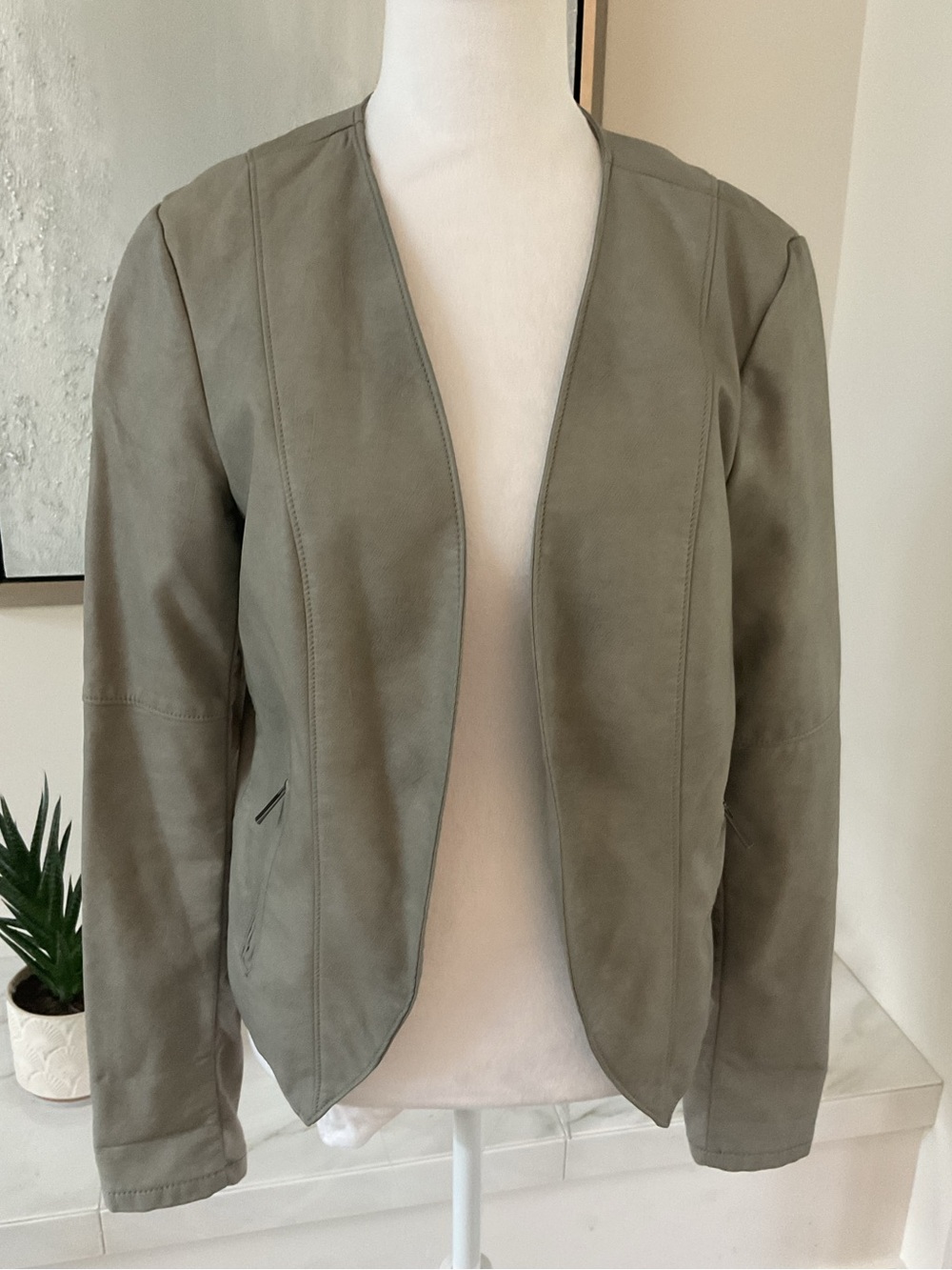 Dynamite  Grey Open-Front Faux Leather Jacket with side stretch.